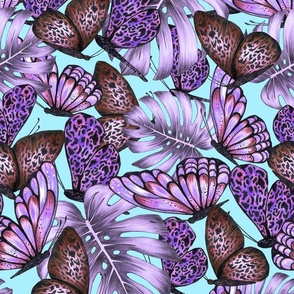 Butterflies and Monsteras - Purple and Aquamarine