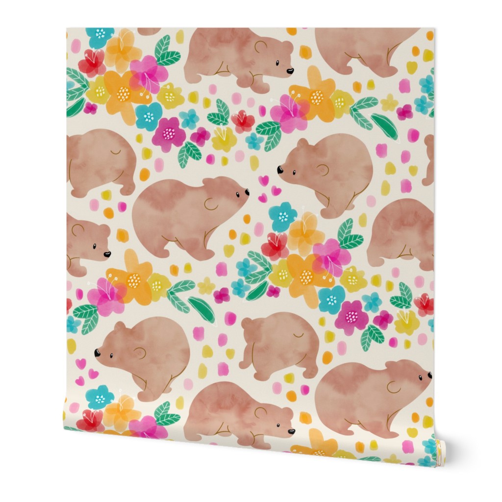 Watercolor Bear Cubs with Wildflowers - neutral cream 