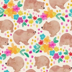 Watercolor Bear Cubs with Wildflowers - neutral cream 