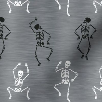 Bigger Scale Happy Dancing Black and White Halloween Skeletons on Grey Texture 