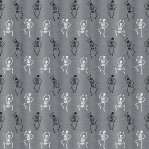 Smaller Scale Happy Dancing Black and White Halloween Skeletons on Grey Texture 