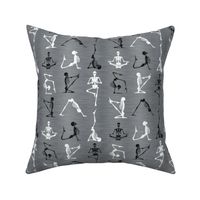 Bigger Scale Yoga Skeletons Exercising Stretching Black and White Halloween Skeletons on Grey Texture 