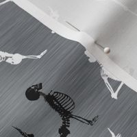 Bigger Scale Yoga Skeletons Exercising Stretching Black and White Halloween Skeletons on Grey Texture 