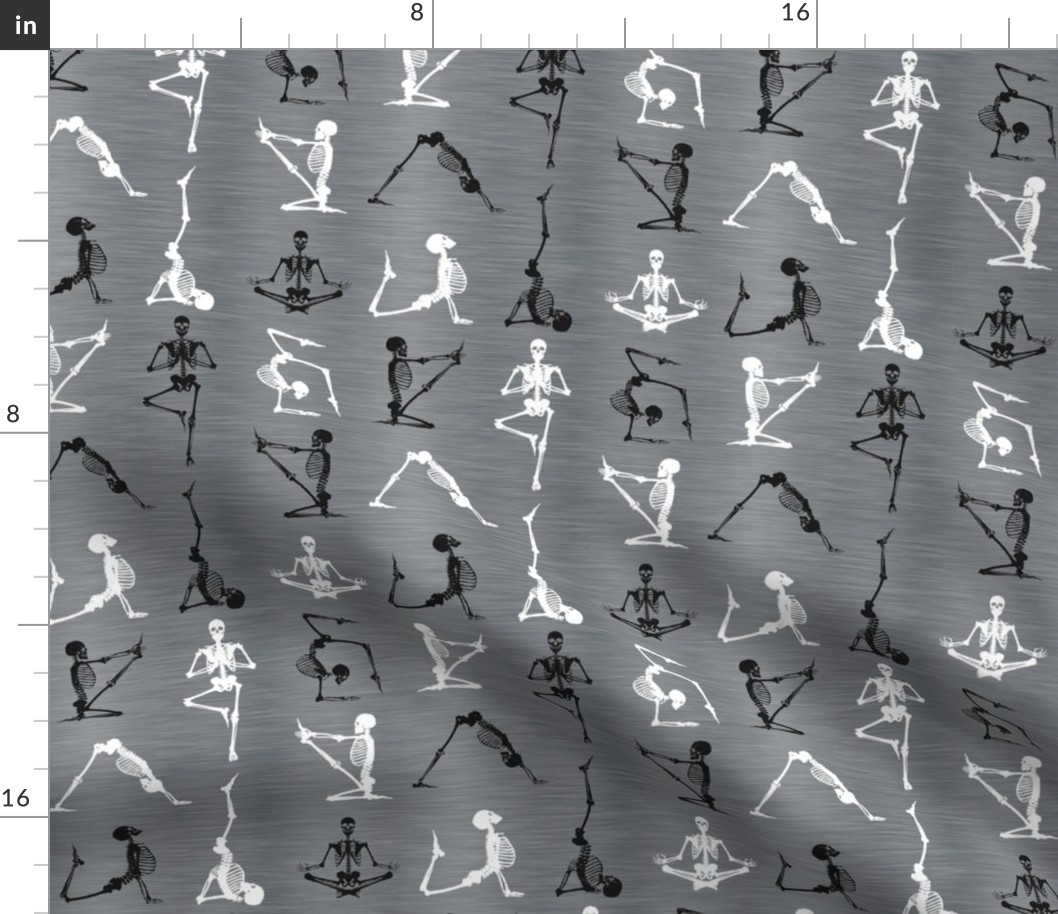 Bigger Scale Yoga Skeletons Exercising Stretching Black and White Halloween Skeletons on Grey Texture 