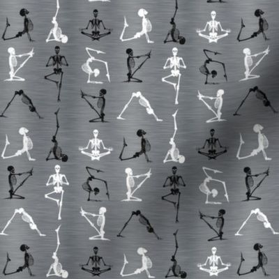 Smaller Scale Yoga Skeletons Exercising Stretching Black and White Halloween Skeletons on Grey Texture 