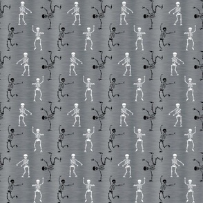Smaller Scale Skeleton Party Funny Dancing Halloween Skeletons White and Black on Grey Texture