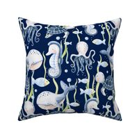 Large Scale Under the Sea Watercolor Fish Sea Turtles Whales Seahorses Octopus on Navy