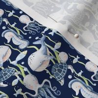 Small Scale Under the Sea Watercolor Fish Sea Turtles Whales Seahorses Octopus on Navy