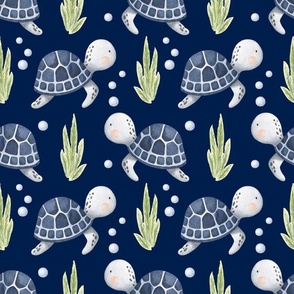Large Scale Under the Sea Watercolor Sea Turtles on Navy