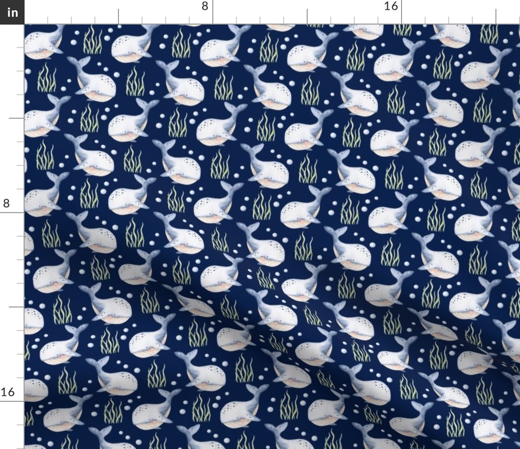 Medium Scale Under the Sea Watercolor Whales on Navy