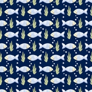 Medium Scale Under the Sea Watercolor Fish on Navy