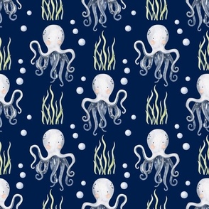 Large Scale Under the Sea Watercolor Octopus on Navy