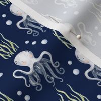 Medium Scale Under the Sea Watercolor Octopus on Navy