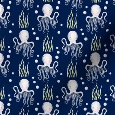 Medium Scale Under the Sea Watercolor Octopus on Navy