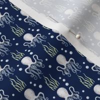 Small Scale Under the Sea Watercolor Octopus on Navy