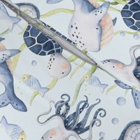 Large Scale Under the Sea Watercolor Fish Sea Turtles Whales Seahorses Octopus on Light Blue