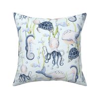 Large Scale Under the Sea Watercolor Fish Sea Turtles Whales Seahorses Octopus on Light Blue