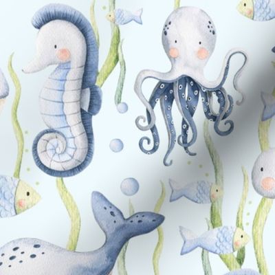 Large Scale Under the Sea Watercolor Fish Sea Turtles Whales Seahorses Octopus on Light Blue