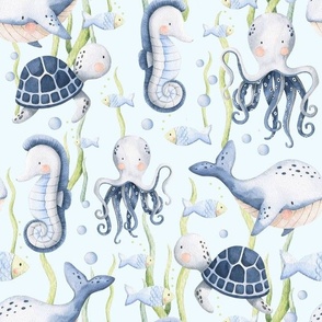 Large Scale Under the Sea Watercolor Fish Sea Turtles Whales Seahorses Octopus on Light Blue