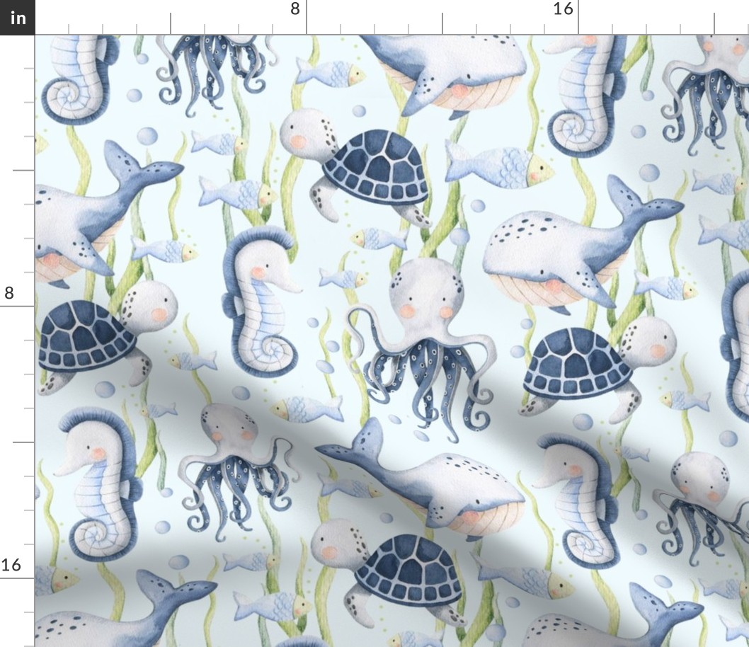 Large Scale Under the Sea Watercolor Fish Sea Turtles Whales Seahorses Octopus on Light Blue