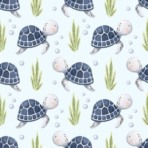 Large Scale Under the Sea Watercolor Sea Turtles on Light Blue