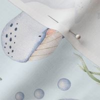 Large Scale Under the Sea Watercolor Whales on Light Blue