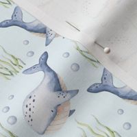Medium Scale Under the Sea Watercolor Whales on Light Blue