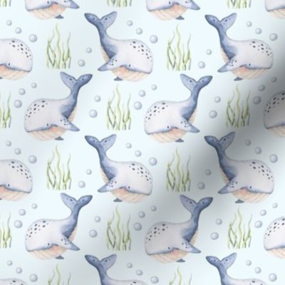 Medium Scale Under the Sea Watercolor Whales on Light Blue