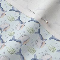 Small Scale Under the Sea Watercolor Whales on Light Blue