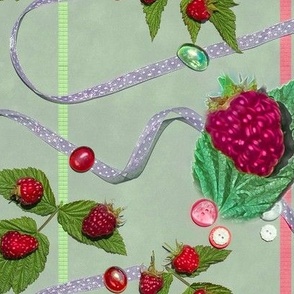 22x8-Inch Repeat of Raspberries and Ribbons on Willowy Sage Background