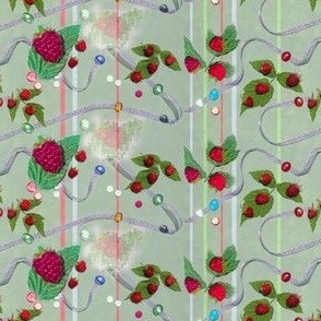 Tiny Size Raspberries and Ribbons on Willowy Sage Background