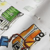 Watercolour garbage trucks 