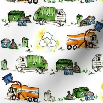 Watercolour garbage trucks 