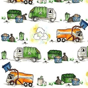 Watercolour garbage trucks 