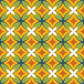 003 - Small scale Modern Frangipani Green, Orange and Sunshine Yellow : for cute kids apparel and  happy Home Décor Items