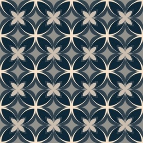 003 - Small scale Modern Frangipani nave blue, grey and cool white for understated apparel, boys wallpaper, men bed linen, Home Decor and Soft Furnishings