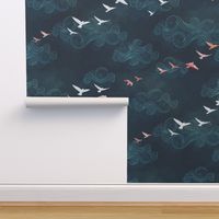 Blue sky birds navy - large scale