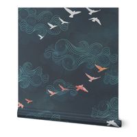 Blue sky birds navy - large scale