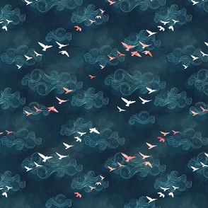 Blue sky birds navy small