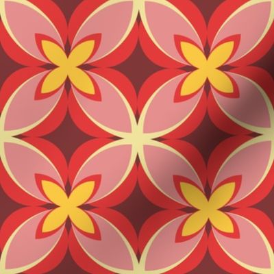 003 - Medium scale Modern Frangipani Red, Pink and Yellow Modern Frangipani for Tropical dopamine energetic home accessories and apparel.