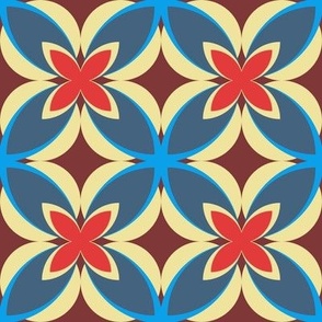 003 - Medium scale Modern Frangipani Mid Blue, Red and Burgandy,  for retro Wallpaper, Soft Furnishings and vintage Upholstery