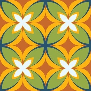 003 - Medium scale Modern Frangipani in Burnt Orange, Lime Green and Sunshine Yellow:: for dopamine retro upholstery, vintage wallpaper, home decor  and duvet covers