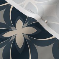 003 - $ Medium scale modern Frangipani in Dark blue, Gray and Cream Medium Scale: in stylized floral style for elegant masculine apparel, home furnishings and interior design