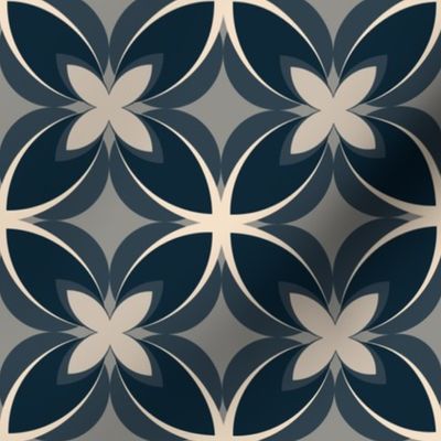 003 - $ Medium scale modern Frangipani in Dark blue, Gray and Cream Medium Scale: in stylized floral style for elegant masculine apparel, home furnishings and interior design