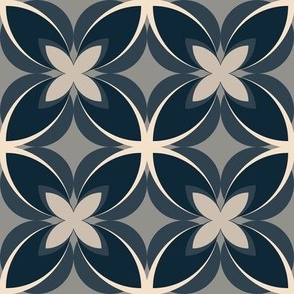 003 - $ Medium scale modern Frangipani in Dark blue, Gray and Cream Medium Scale: in stylized floral style for elegant masculine apparel, home furnishings and interior design