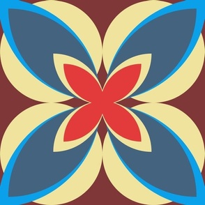 003 - Jumbo large scale modern Frangipani in  bright Blue, Red and Burgundy and off white : For retro Wallpaper, Home Furnishings and vintage Accessories.