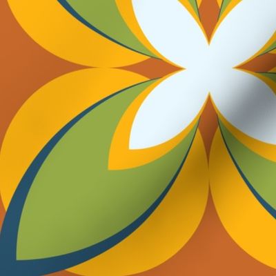 003 - $ Jumbo large scale modern Frangipani in Burnt Orange, Lime Green and Sunshine Yellow: geometric florals for upholstery, wallpaper, home decor  and duvet covers