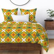 003 - $ Jumbo large scale modern Frangipani in Burnt Orange, Lime Green and Sunshine Yellow: geometric florals for upholstery, wallpaper, home decor  and duvet covers