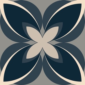 003 - Jumbo large scale mid century modern  geometric stylised floral in deep navy blue, grey and cream:  for elegant masculine Wallpaper, Home Furnishings and Bed Linen