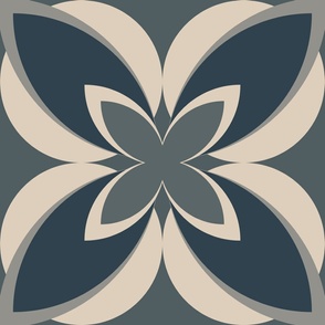 003 - $ Jumbo large scale mid century modern  geometric stylised floral in Denim Blue and grey, for elegant masculine Wallpaper, Home Furnishings and Bed Linen